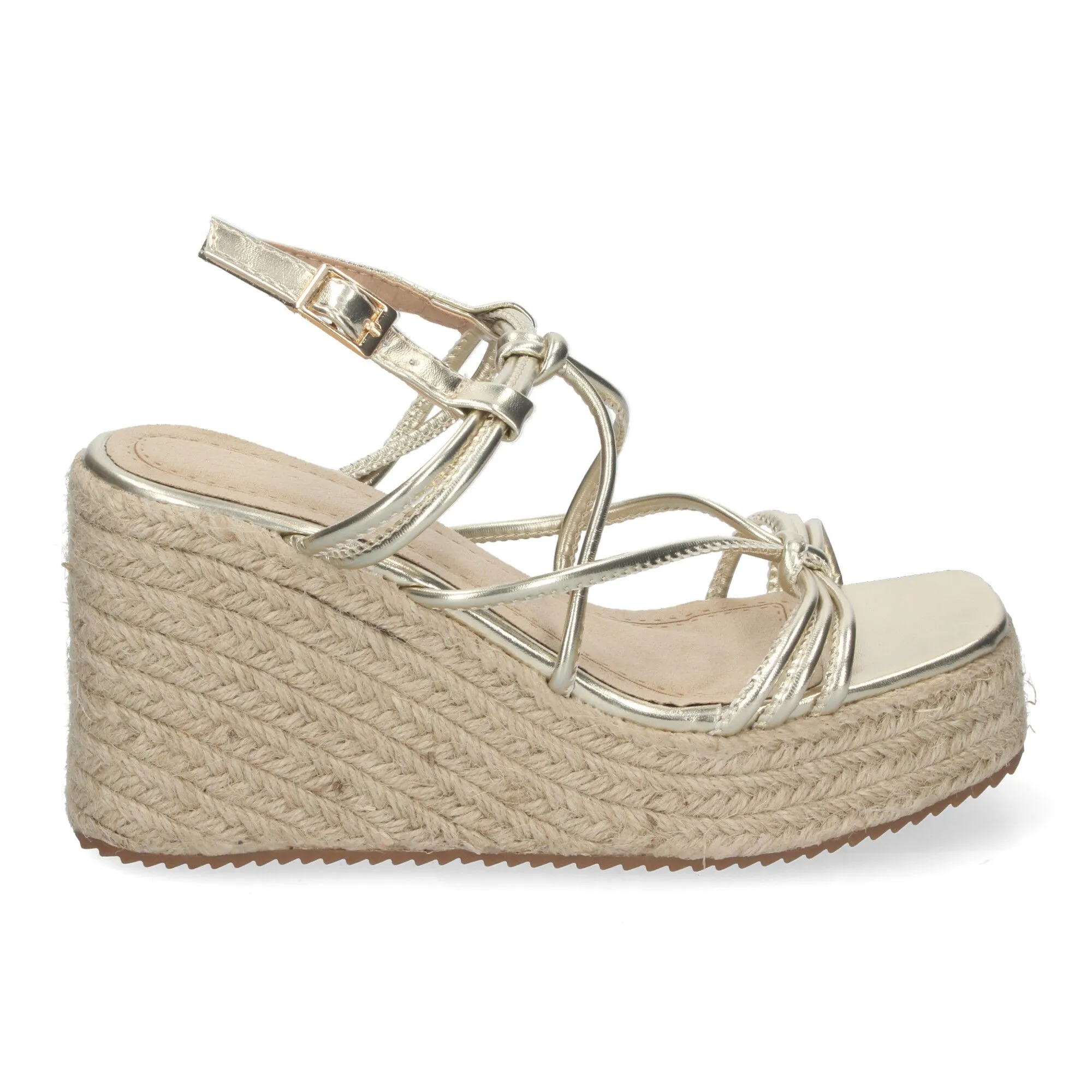 SANDALIAS DE CUñA EN YUTE CóMODAS DE MUJER TIRAS CRUZADAS COLOR ORO JNS5P500