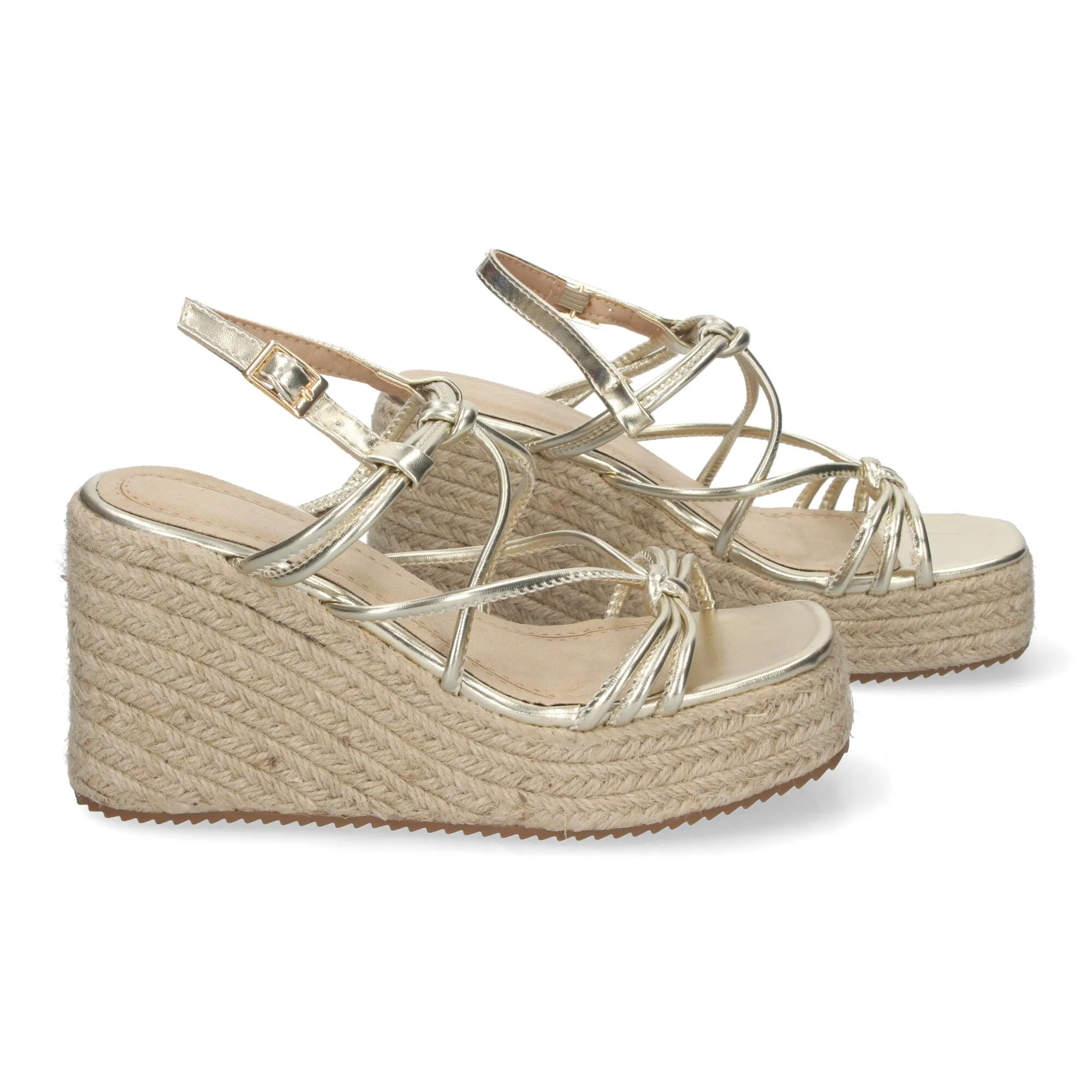 SANDALIAS DE CUñA EN YUTE CóMODAS DE MUJER TIRAS CRUZADAS COLOR ORO JNS5P500