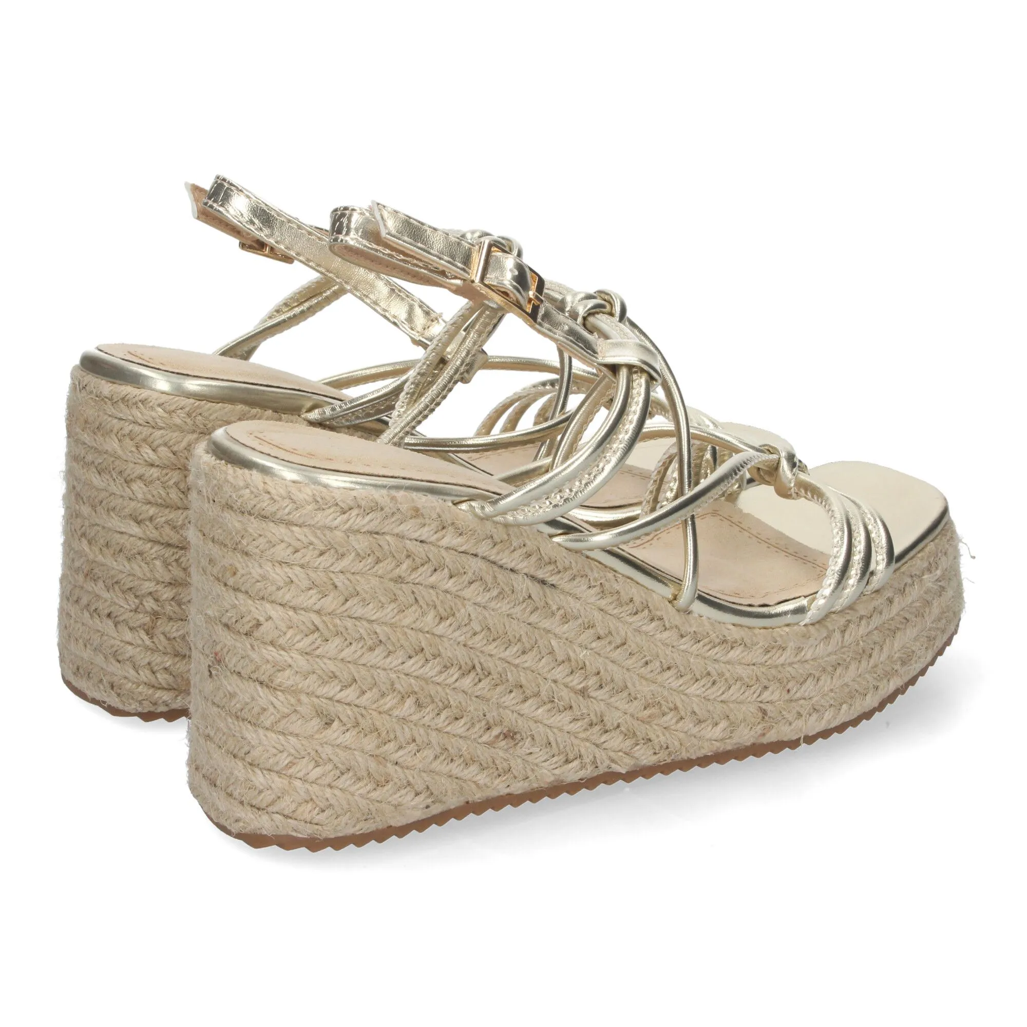 SANDALIAS DE CUñA EN YUTE CóMODAS DE MUJER TIRAS CRUZADAS COLOR ORO JNS5P500