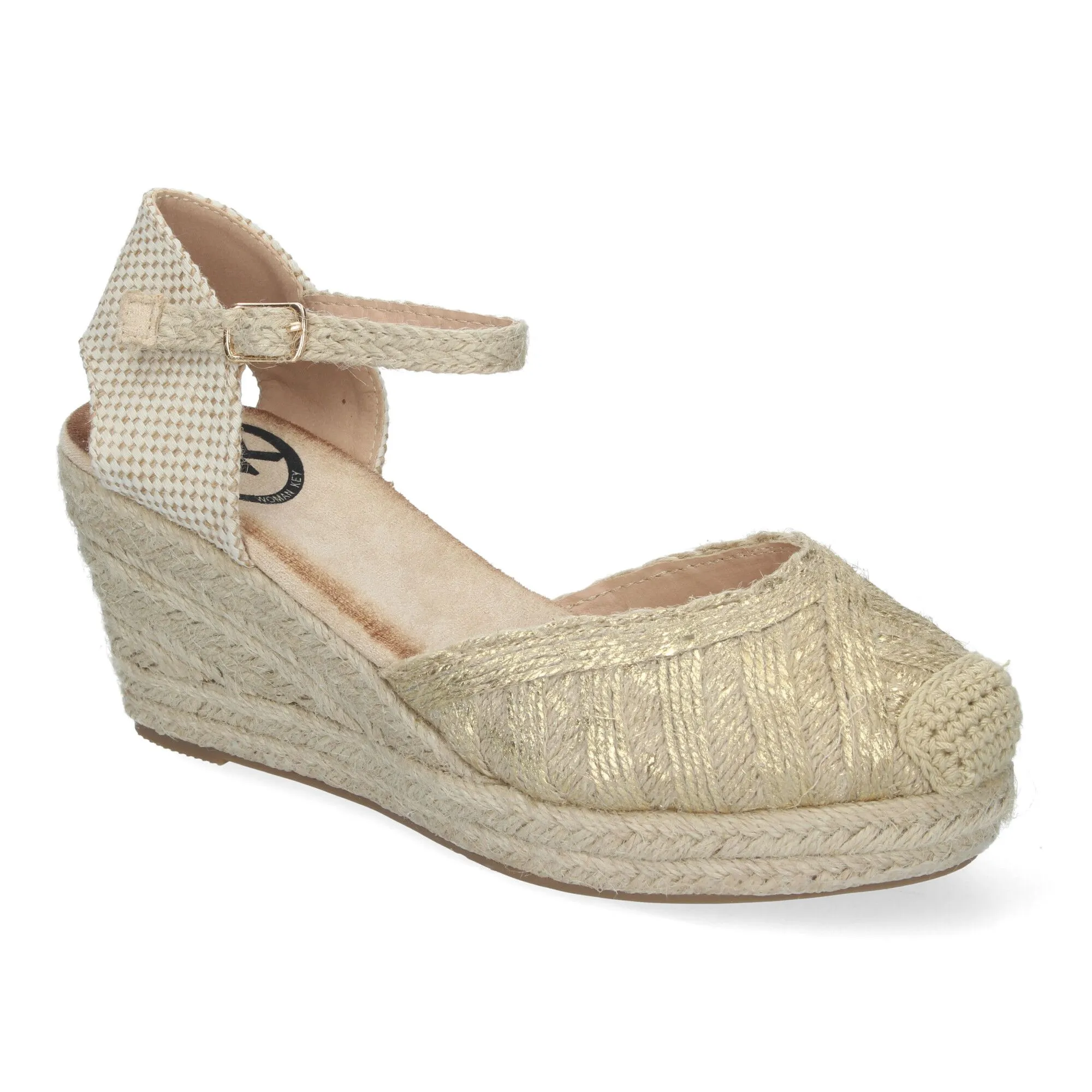 SANDALIAS DE CUñA EN YUTE PARA MUJER PALA CERRADA ORO KK956