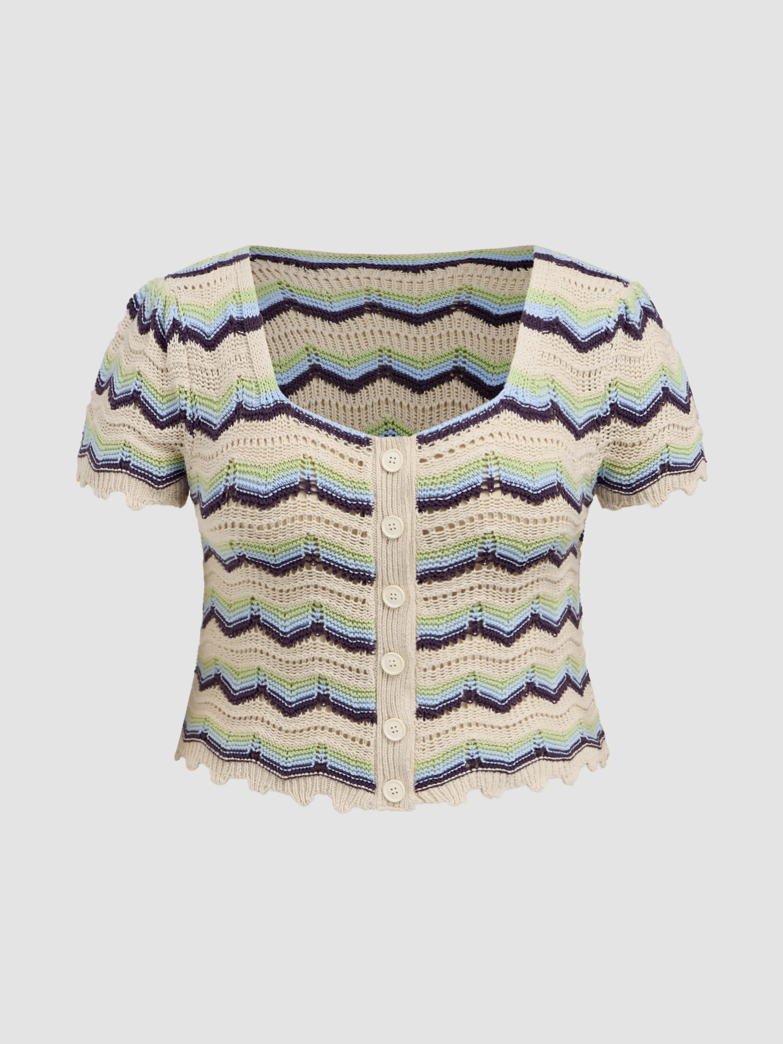 Top de manga corta a rayas con cuello en U de punto Curvy