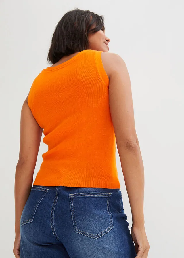 Top de punto ligero con cuello en V en marrón grisáceo Naranja calabaza