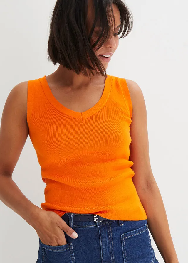 Top de punto ligero con cuello en V en marrón grisáceo Naranja calabaza