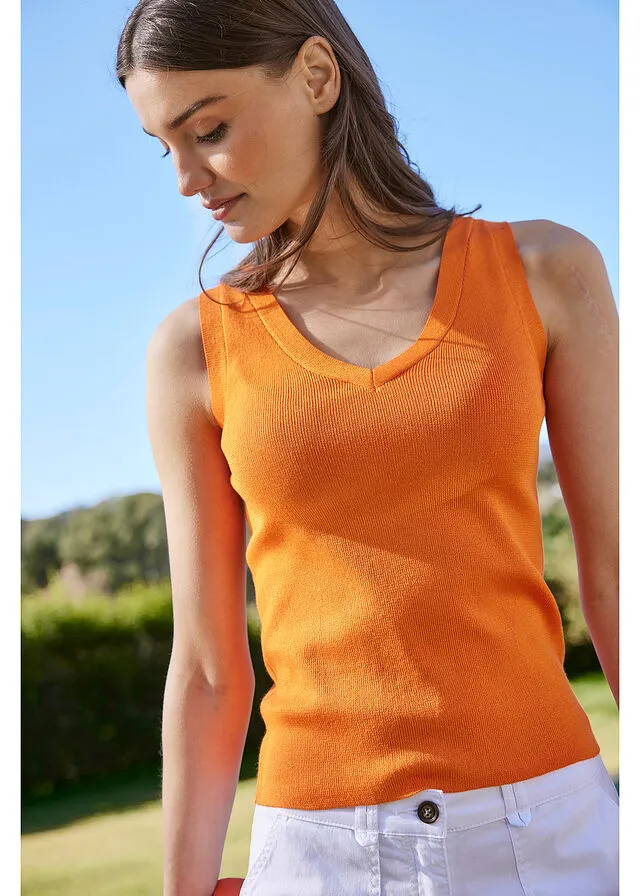 Top de punto ligero con cuello en V en marrón grisáceo Naranja calabaza