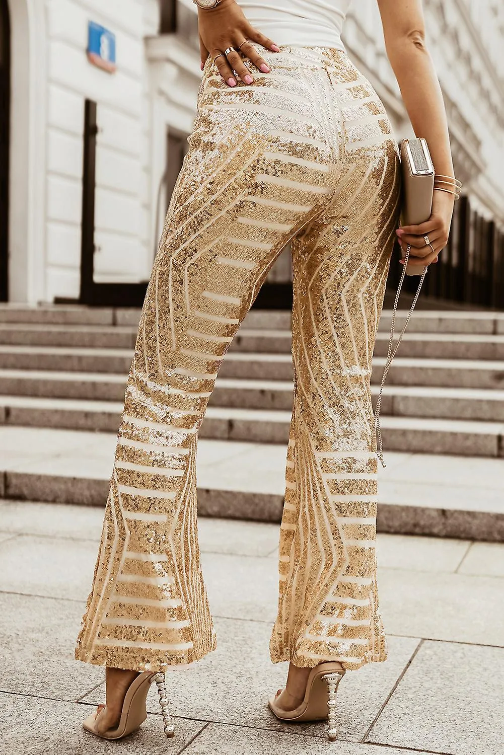 Women's Apricot Sequin Wide Leg Pants