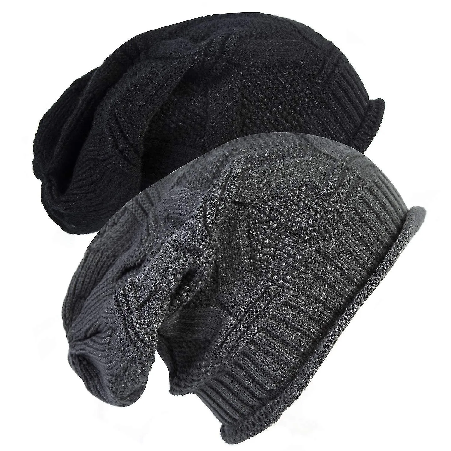 Women's Casual Beanie Winter Knitted Women's And Men's Soft Hats (2 Pieces Black + Dark Gray)