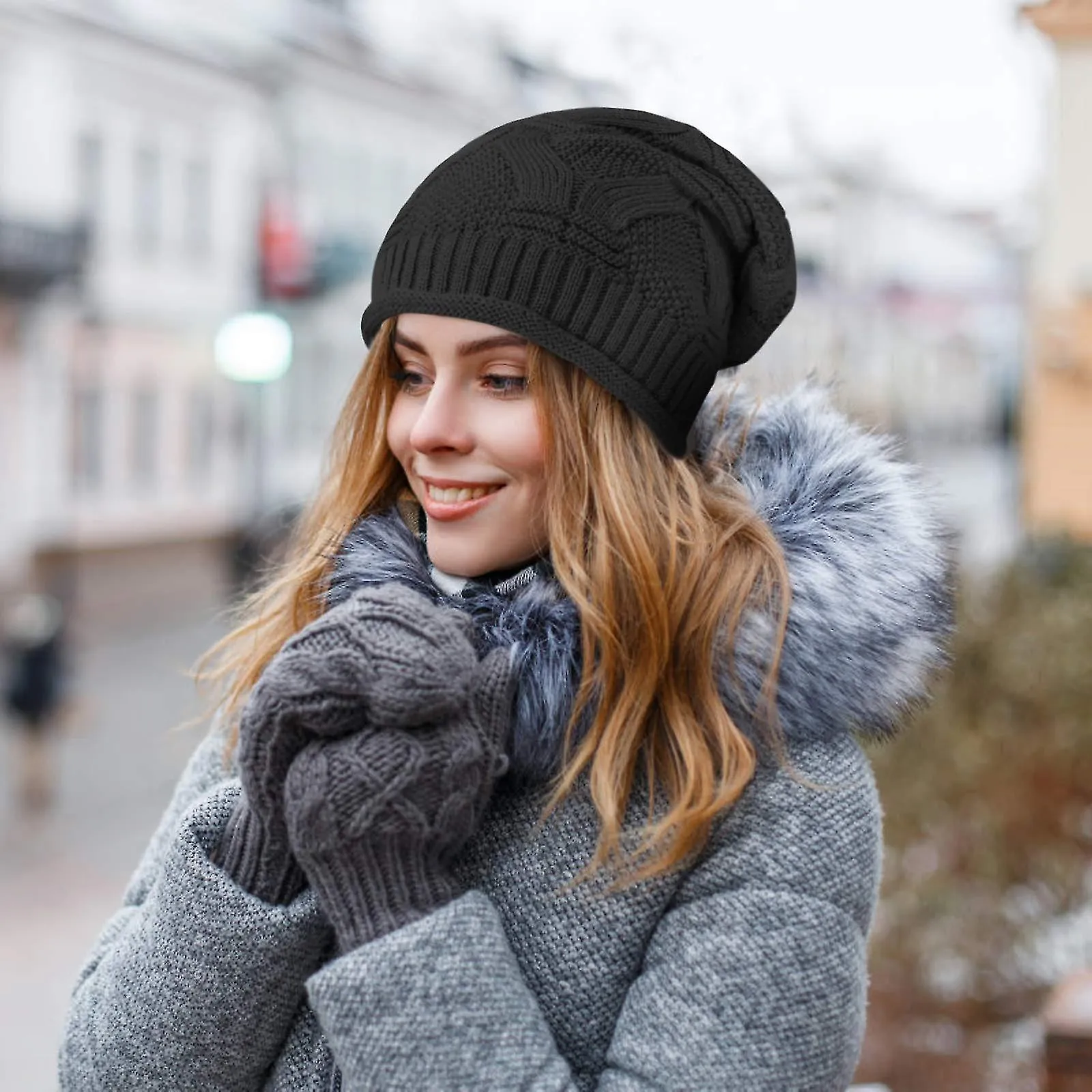 Women's Casual Beanie Winter Knitted Women's And Men's Soft Hats (2 Pieces Black + Dark Gray)